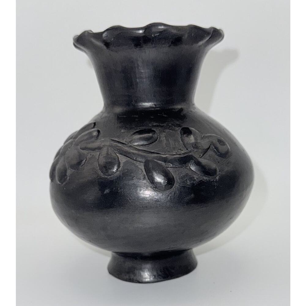 Black Decorative Ceramic Vase with Leaf Relief